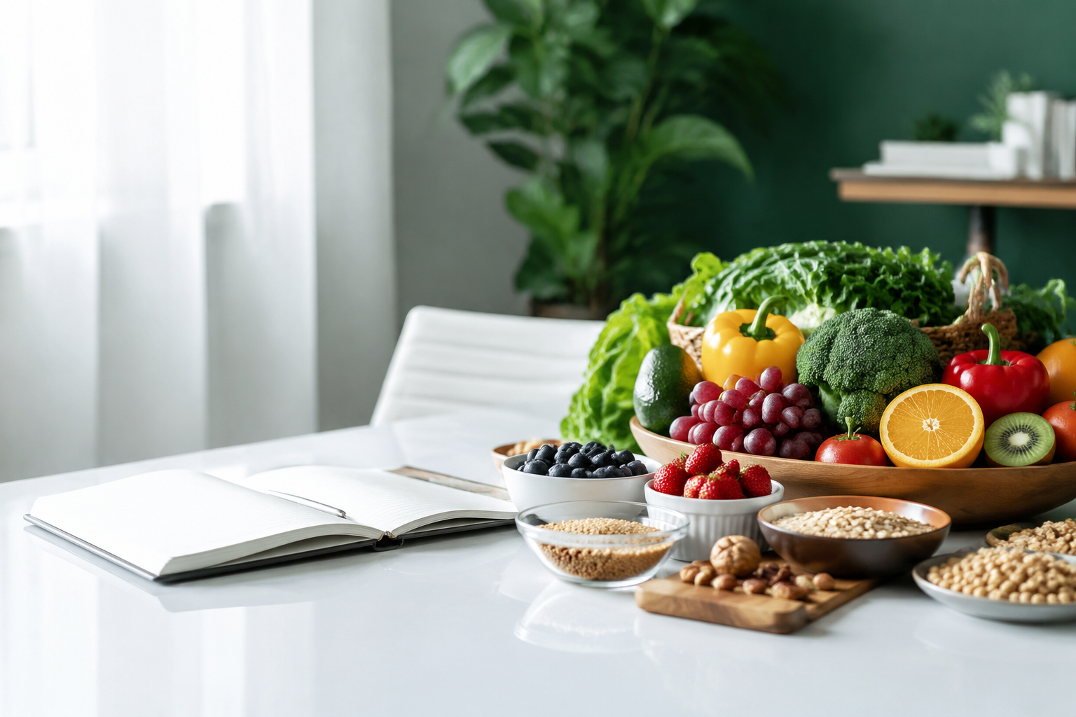 Alimentos frescos e variados em um ambiente de consulta nutricional